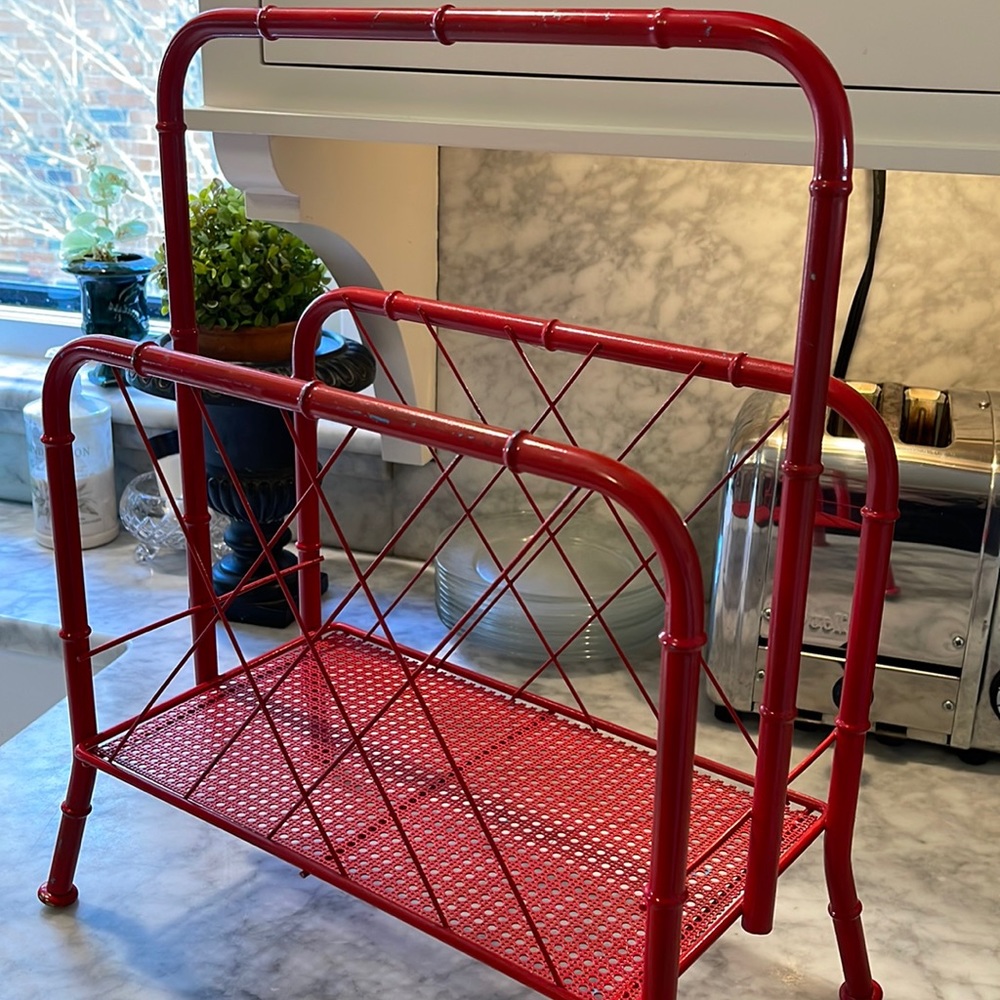 Vintage Magazine Rack Metal Bamboo Wicker Hollywood Regency